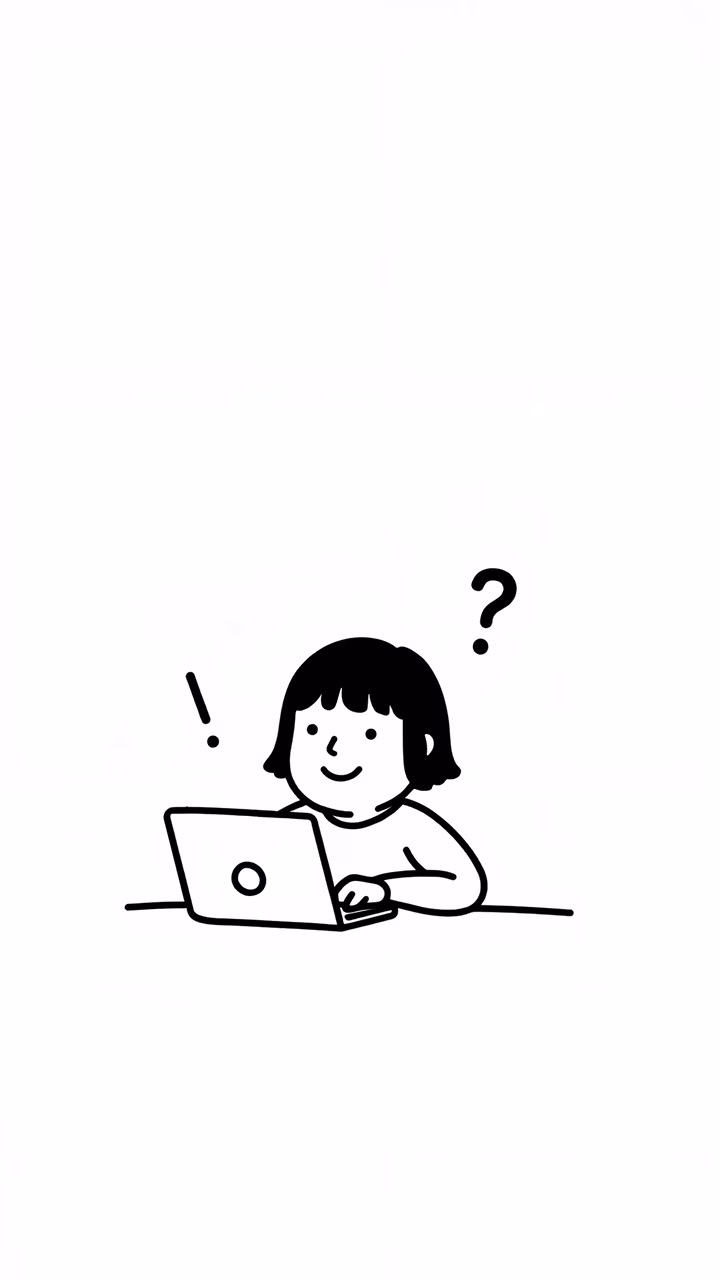 Minimalist cartoon character with laptop, questioning expression.