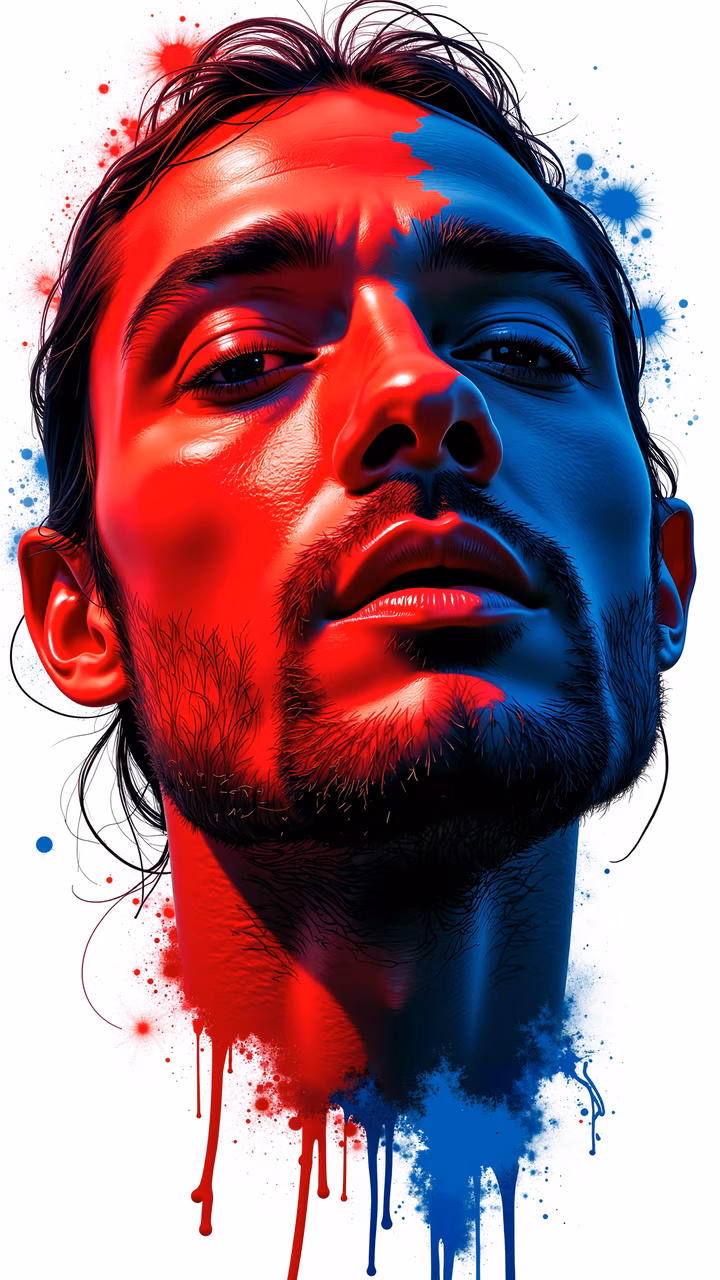 A dramatic portrait with contrasting red and blue hues, capturing intense emotion through vibrant colors and dynamic brushstrokes.