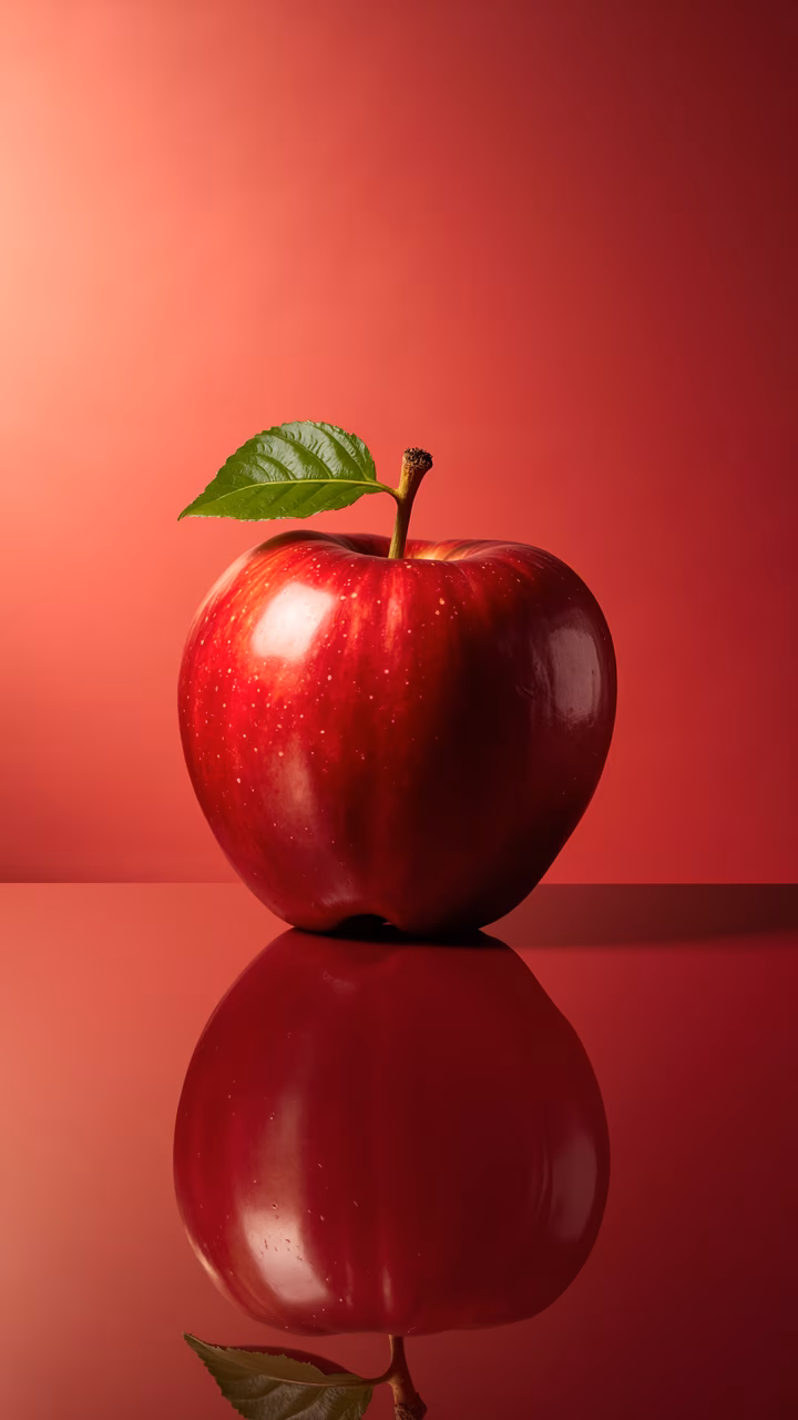 Vibrant red apple with glossy reflection and warm-toned background.