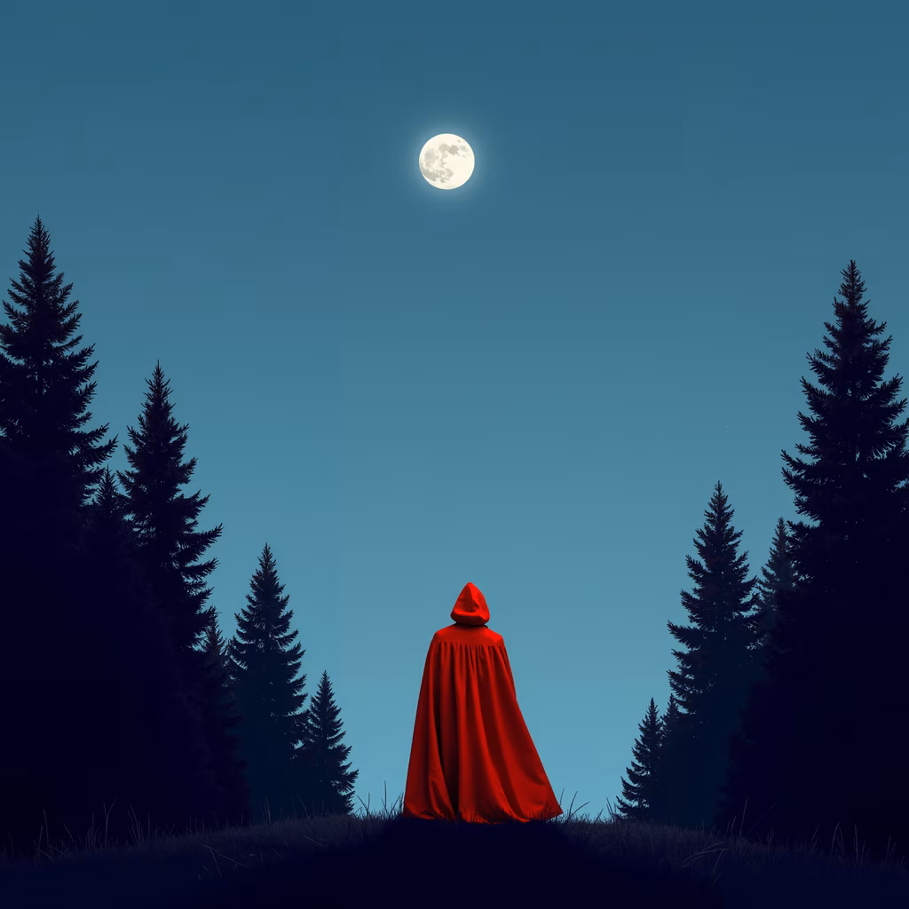 Solitary figure in red cloak under moonlit night sky, surrounded by trees.