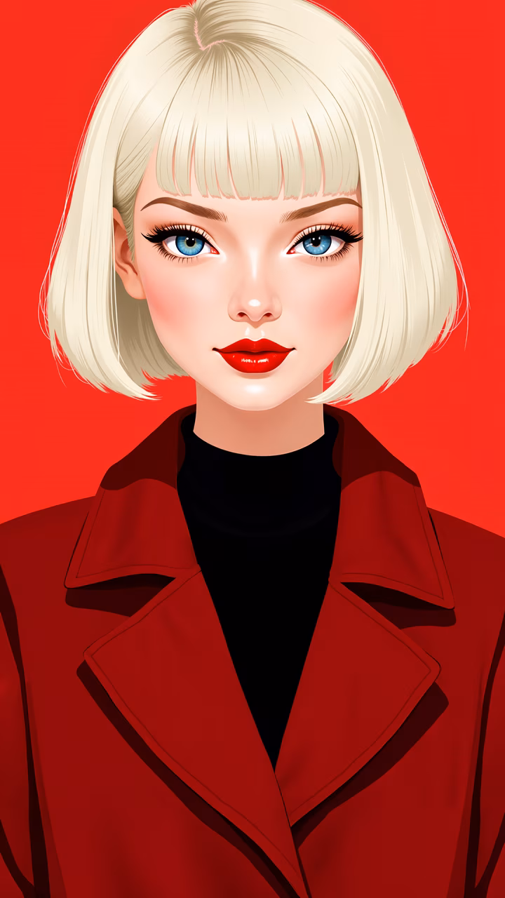 Bold fashion illustration with red coat and black turtleneck on a vibrant red background.