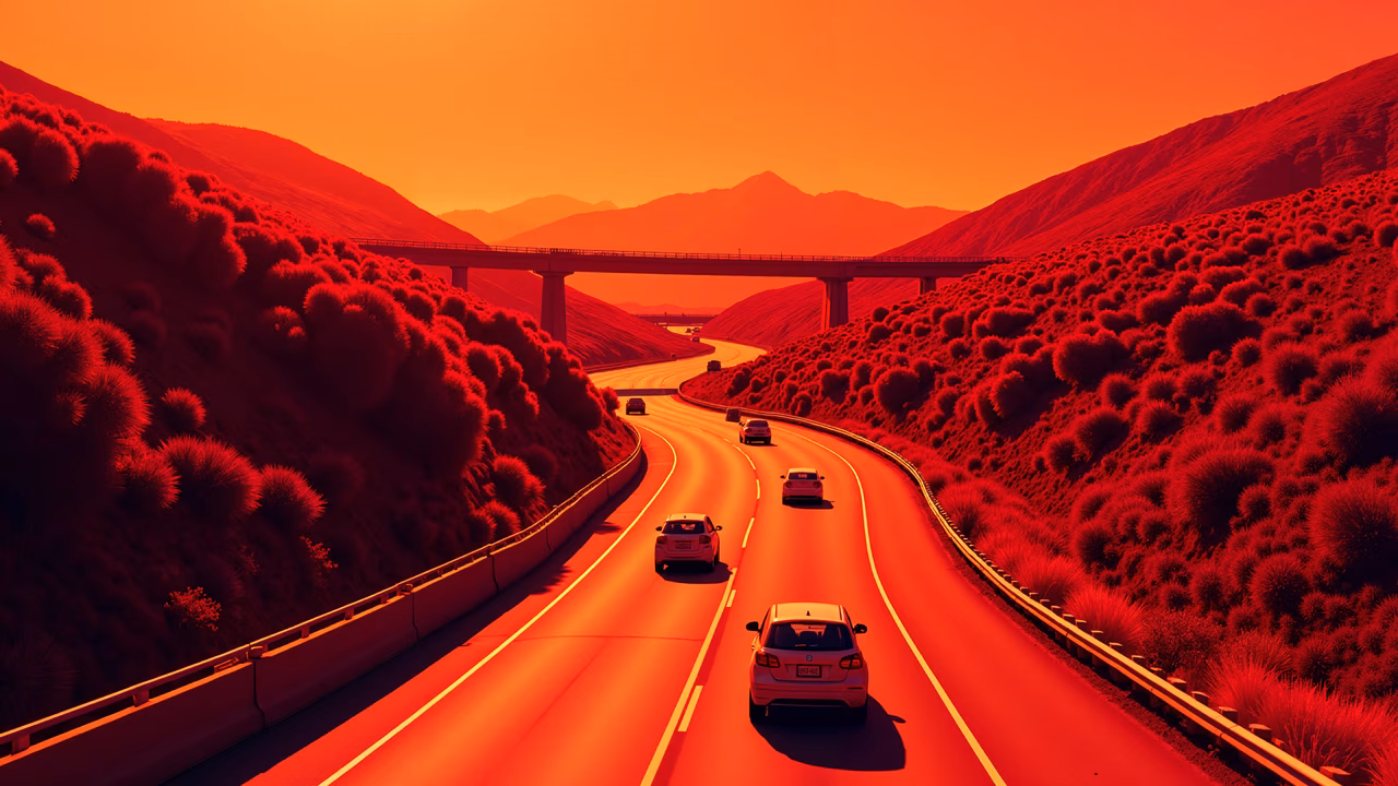 Vibrant red highway with dramatic landscape and mysterious atmosphere.