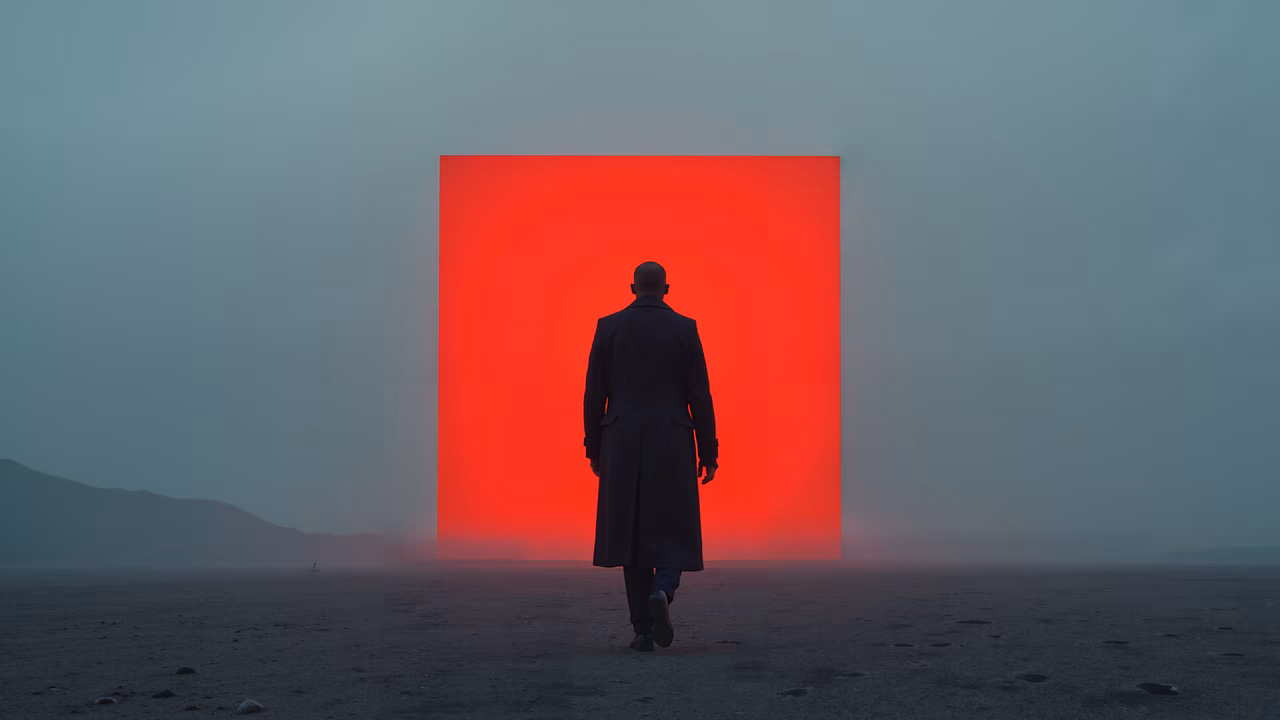 Solitary figure before glowing red portal in desolate landscape.