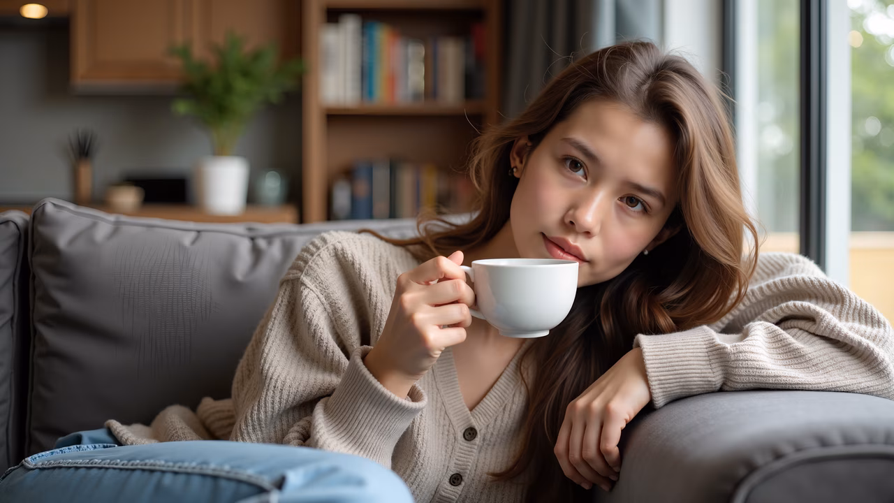 A young woman relaxing with a cup of tea, surrounded by books and plants.