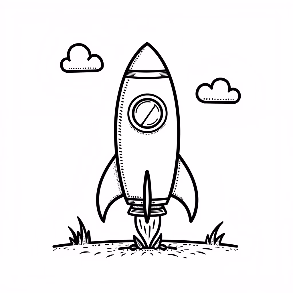 Minimalistic black-and-white illustration of a rocket launch, symbolizing space exploration and adventure.