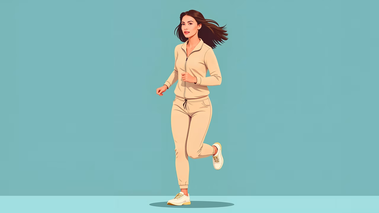 Dynamic illustration of a woman running in beige athletic wear against a teal background.