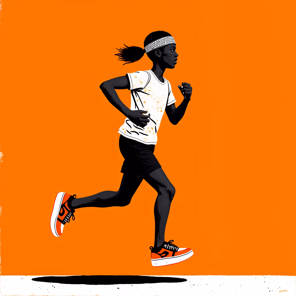 Vibrant orange background highlights a dynamic sprinter in motion, symbolizing speed and determination.