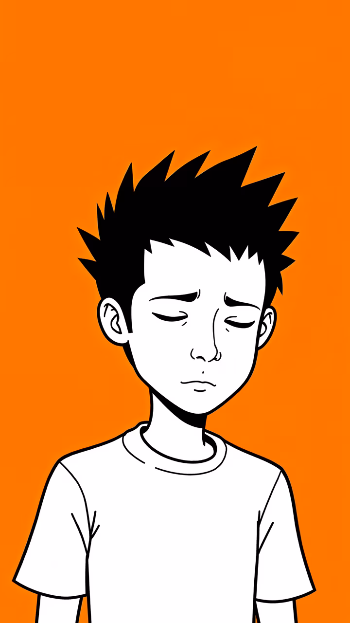 Sad boy with closed eyes, minimalist illustration on orange background.
