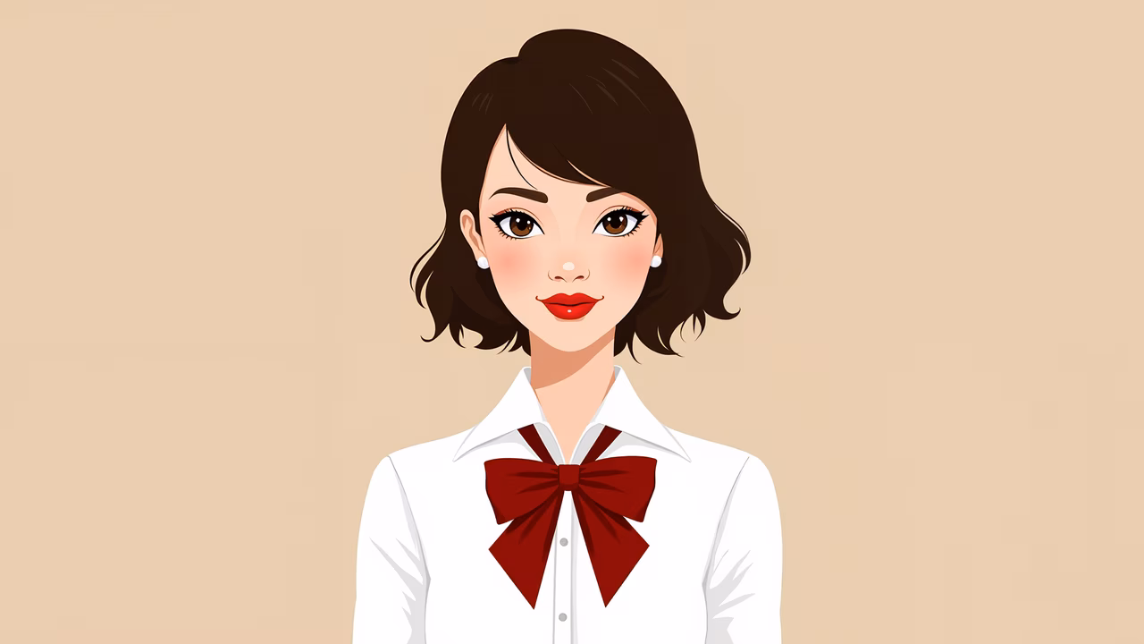 A stylish schoolgirl illustration with a red bow and beige background.