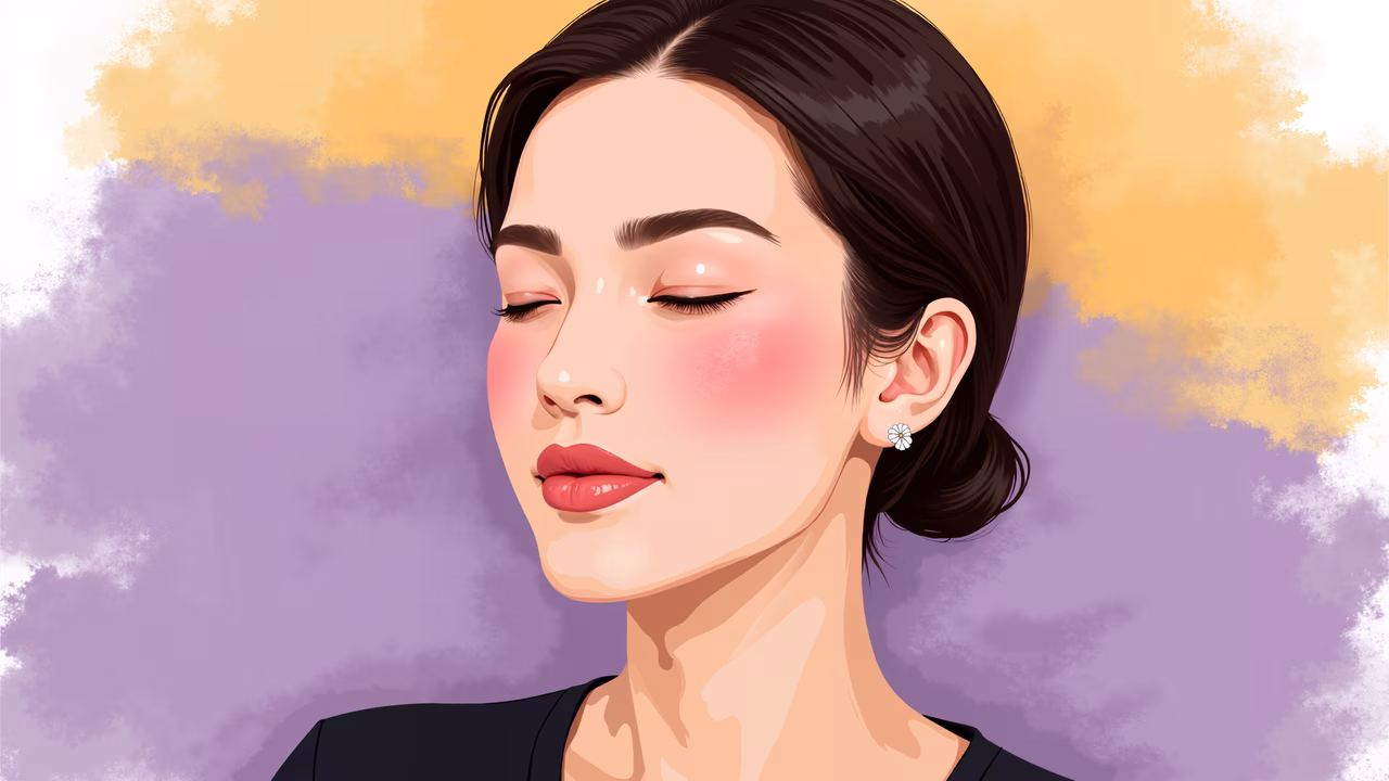 A peaceful illustration featuring a woman's serene expression against a soft pastel background.