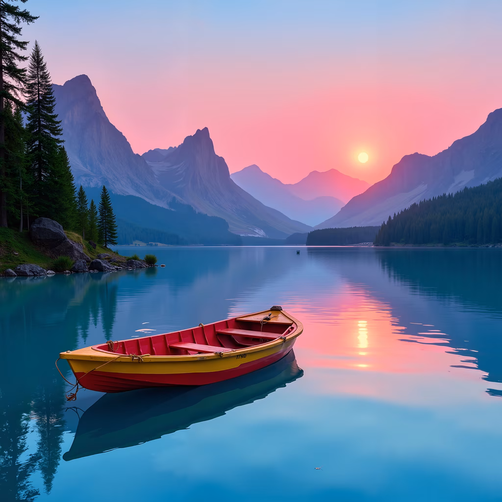 A peaceful sunset scene with a boat on a calm lake surrounded by nature.