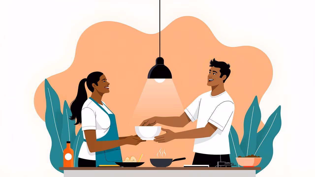 Two people sharing a meal in a cozy kitchen setting.