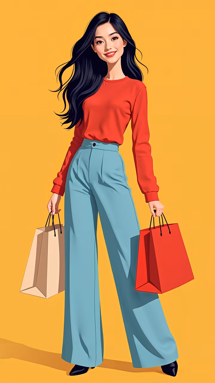 Vibrant illustration of a fashionable woman shopping, exuding joy and energy.