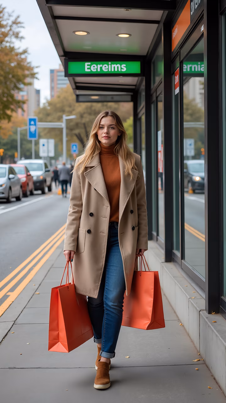 Woman walking with shopping bags in a modern city setting.