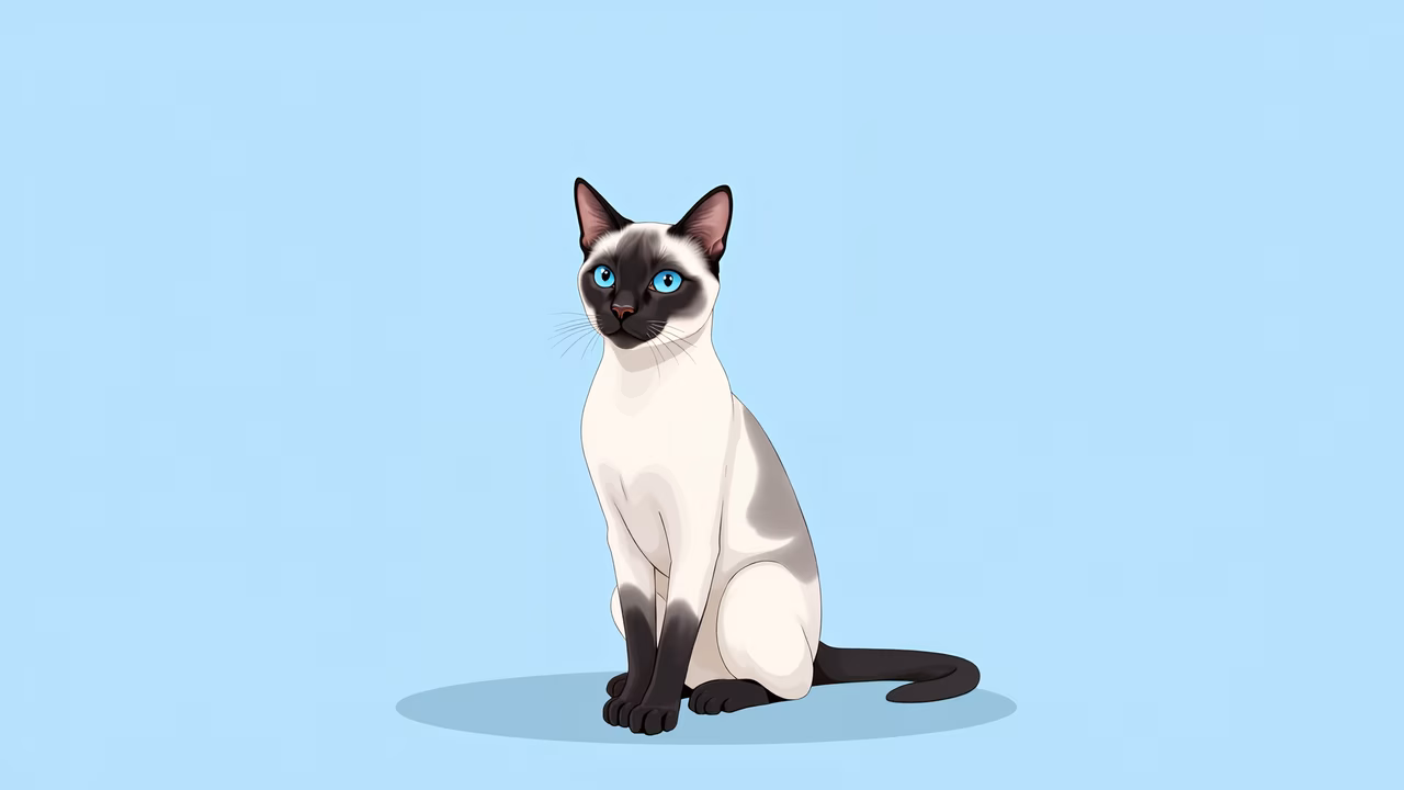 A beautifully illustrated Siamese cat with blue eyes and a white-black coat, set against a pastel blue background.