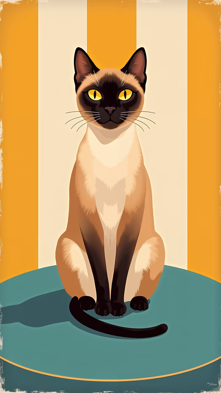 Graceful Siamese cat illustration with vibrant yellow eyes and elegant lines.