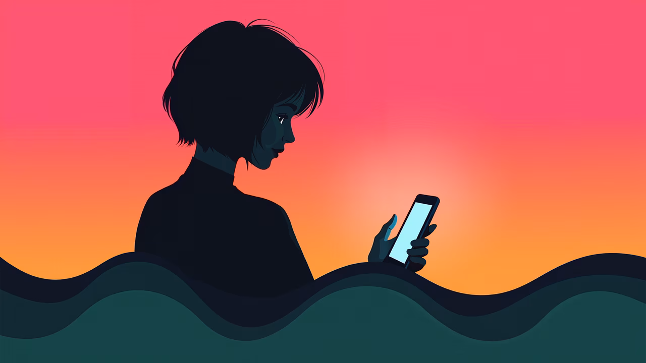 A silhouette of a person using a smartphone against a sunset, digital art.