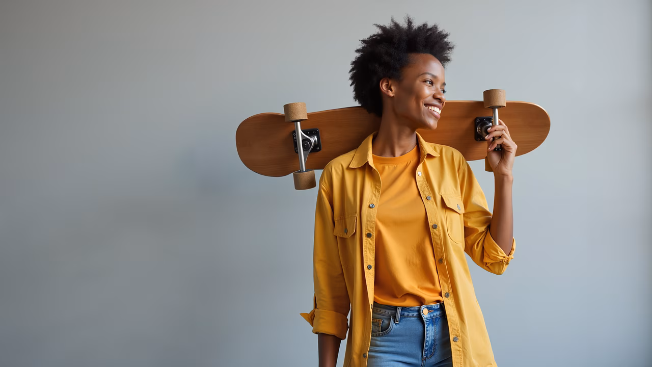 Brightly smiling woman carrying skateboard, casual fashion, urban lifestyle.