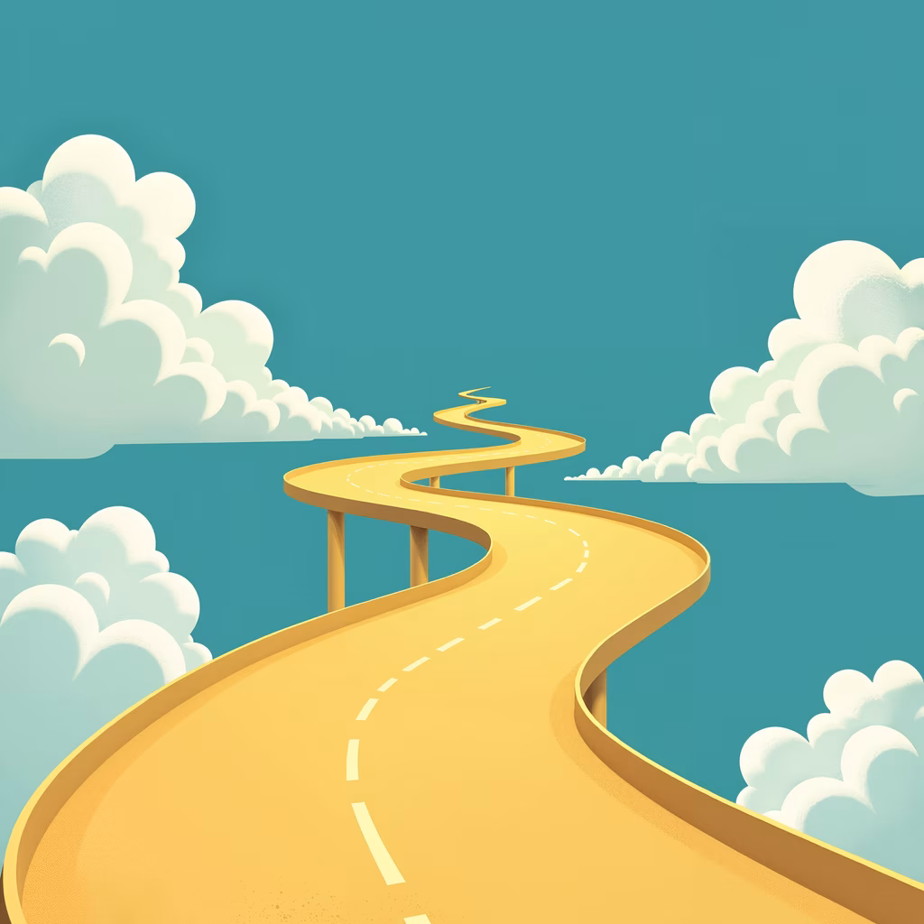 A serene skyway journey through a tranquil ocean and fluffy clouds.