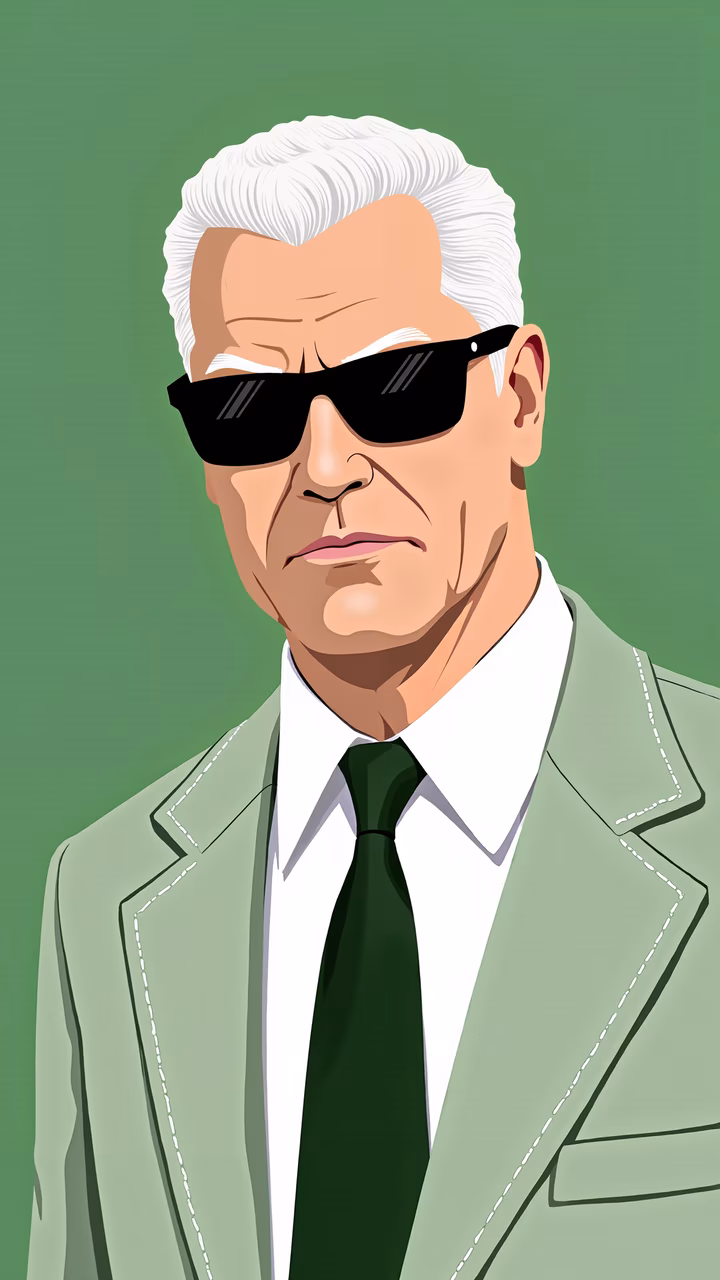Minimalist illustration of a stylish gentleman in a green suit and black sunglasses.