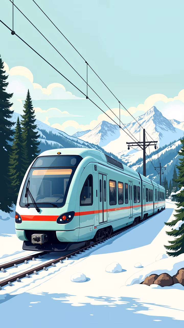 A tranquil train journey through a snowy mountain landscape, perfect for travel enthusiasts.