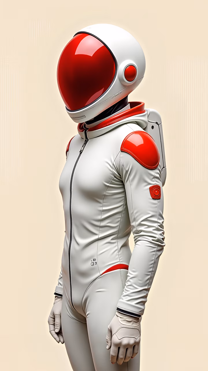 Futuristic space suit with bold red accents against a neutral backdrop.