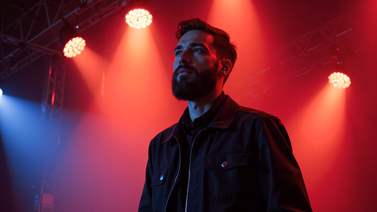 Vibrant red stage lights illuminate a performer's intense moment during a music event.