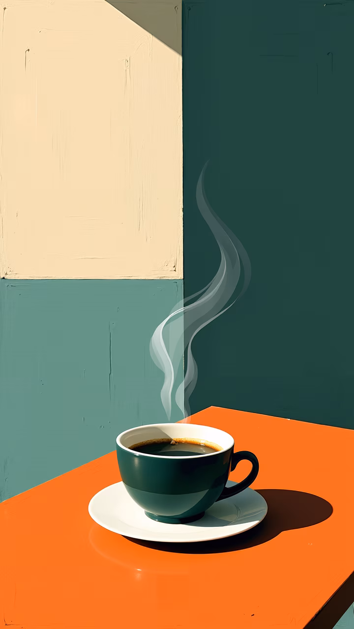 A steaming cup of coffee on a glossy orange table, set against a teal wall.