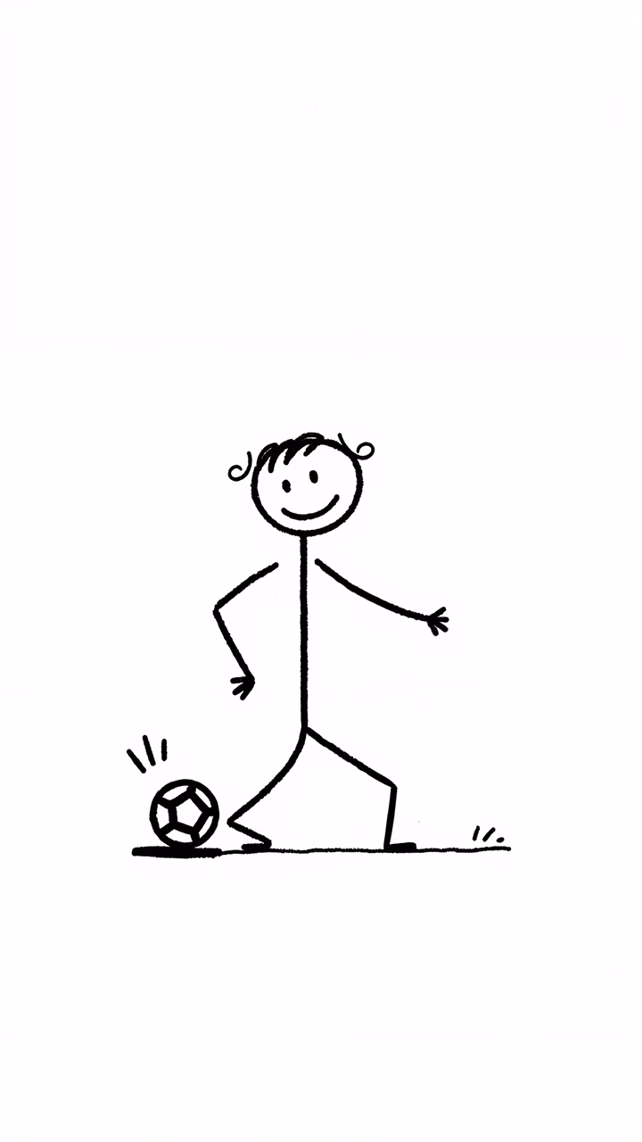A happy stick figure kicking a soccer ball, capturing the essence of childhood fun.
