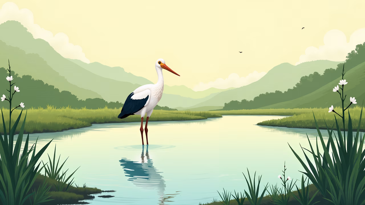 A peaceful scene with a stork by a pond, surrounded by nature.