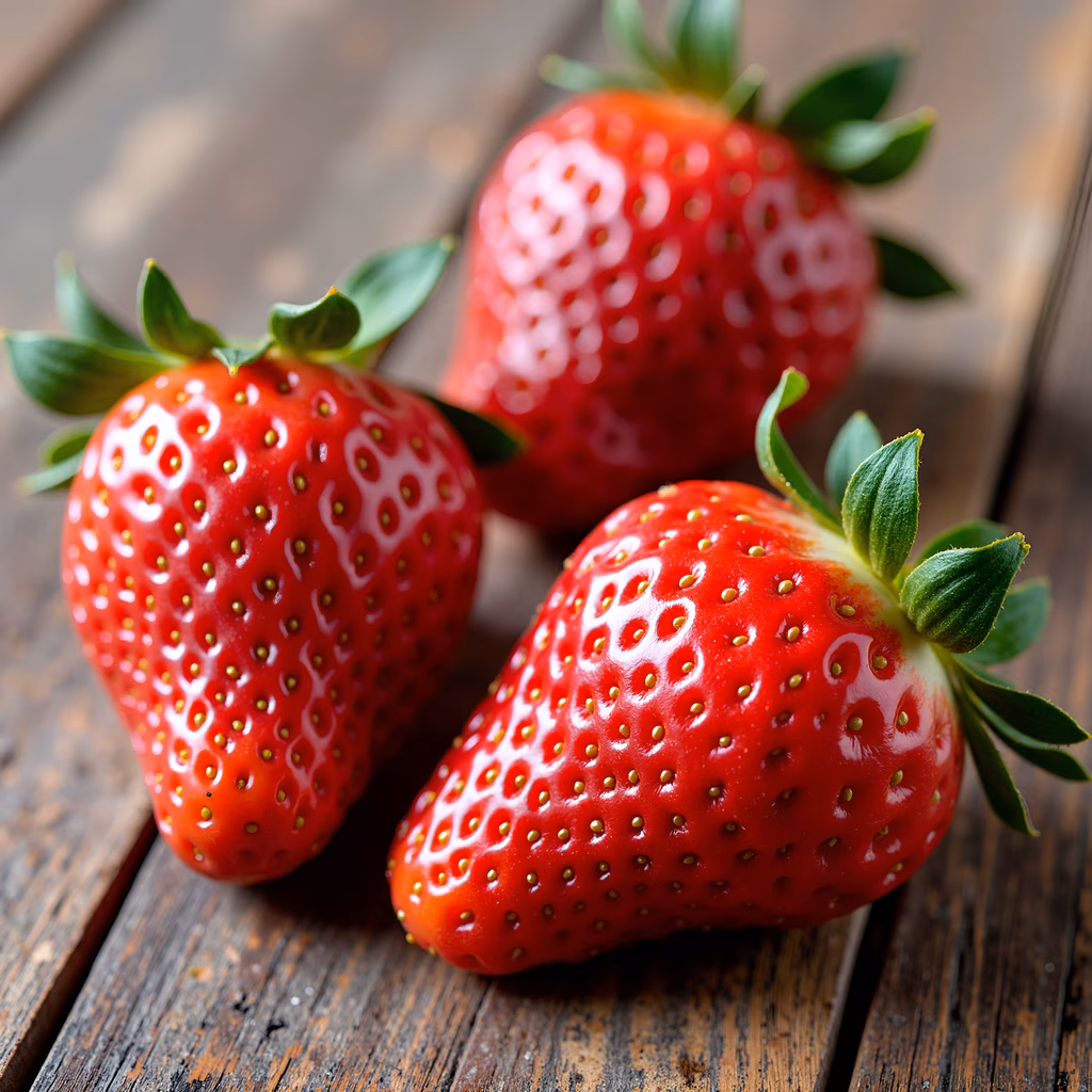 Fresh strawberries on rustic wood, close-up food photography.