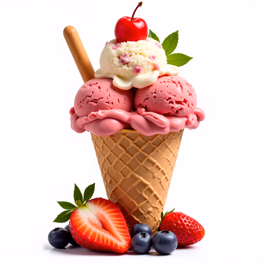 Close-up of strawberry ice cream cone with whipped cream and cherries, surrounded by fresh berries.