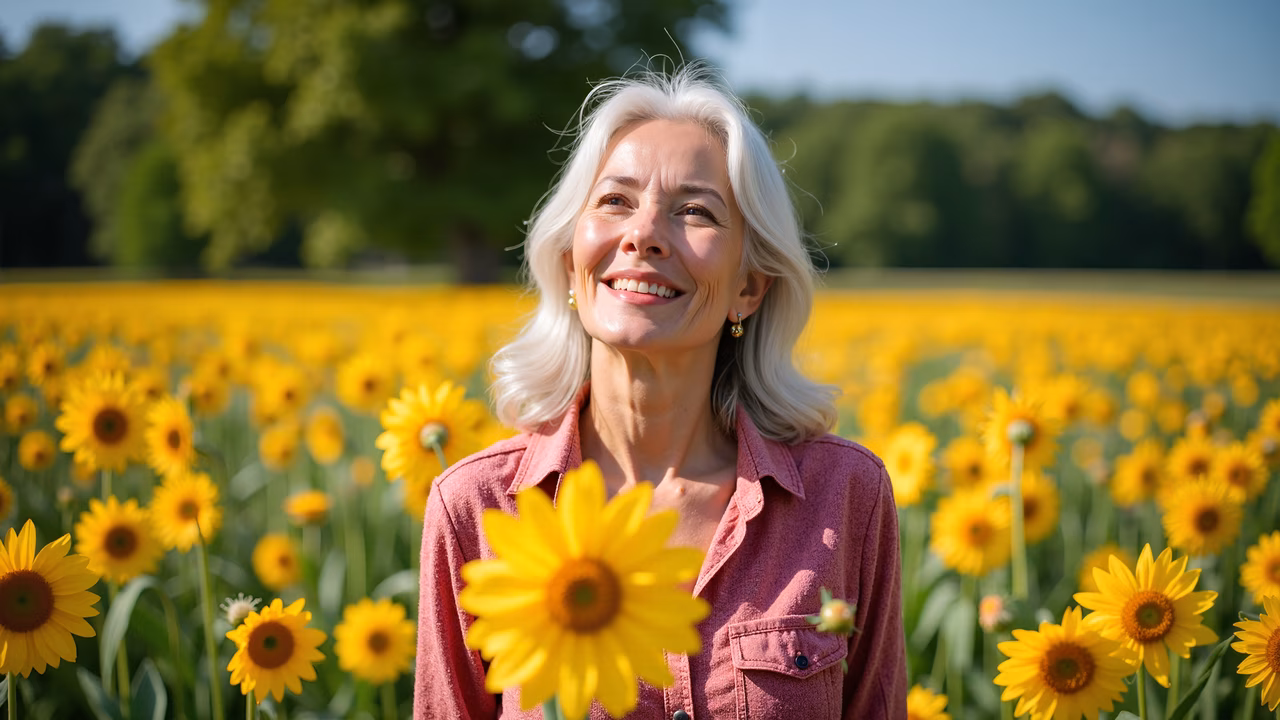 Joyful portrait of a woman in a sunflower field, capturing the essence of nature and happiness.
