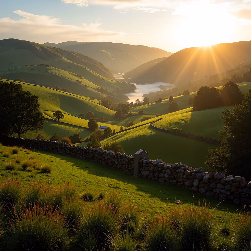 Golden sunlight illuminates a tranquil pastoral landscape with rolling hills and a serene lake.