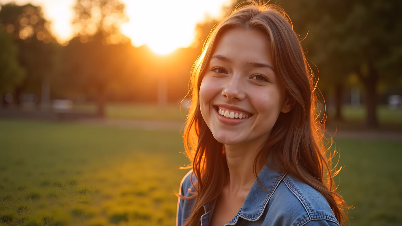 A joyful portrait of a young woman bathed in golden sunlight, capturing serenity and happiness.