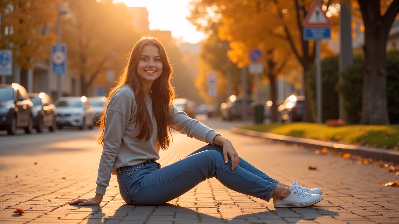 Golden sunlight illuminates a relaxed moment on a cobblestone street.