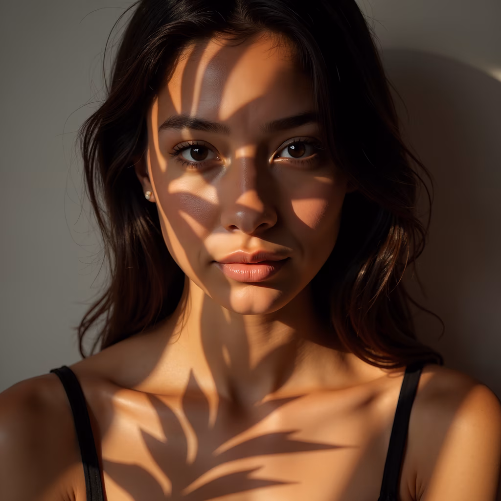 Close-up portrait with dramatic light and shadow effects.