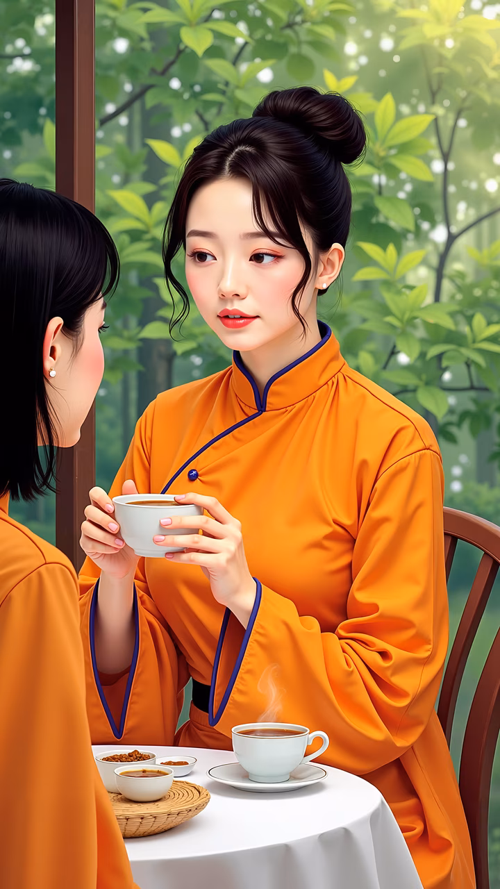A peaceful tea ceremony scene with traditional attire and lush greenery.