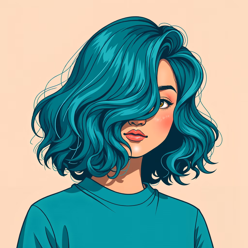 Bold teal hair illustration with modern style and vibrant colors.