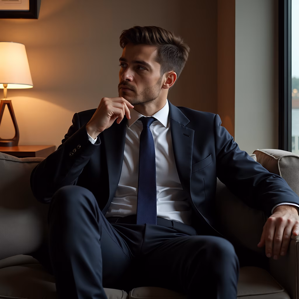 A man in a navy blue suit sitting thoughtfully in a warmly lit room.