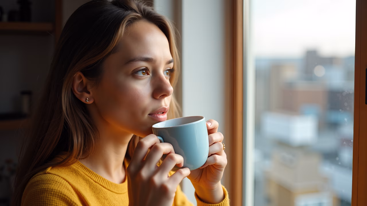 A peaceful morning moment with a sip of coffee and a view of the city.