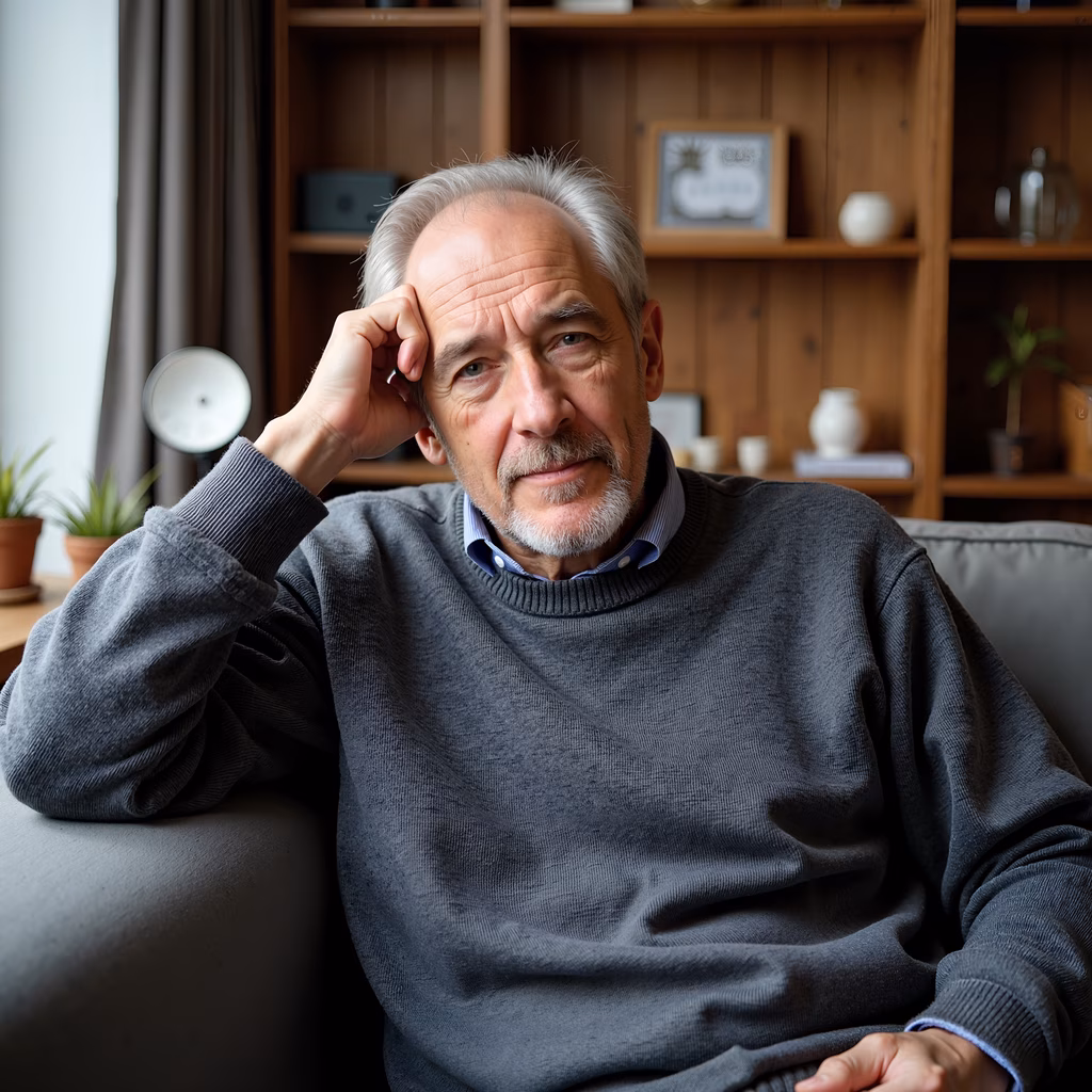 Serene portrait of an older man reflecting thoughtfully in a cozy setting.