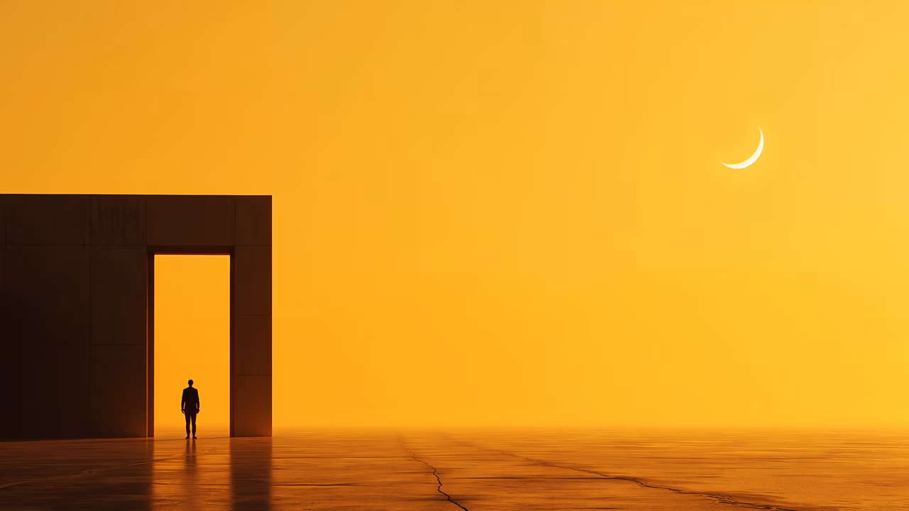Minimalist illustration of a solitary figure at a doorway under a crescent moonlit sky.