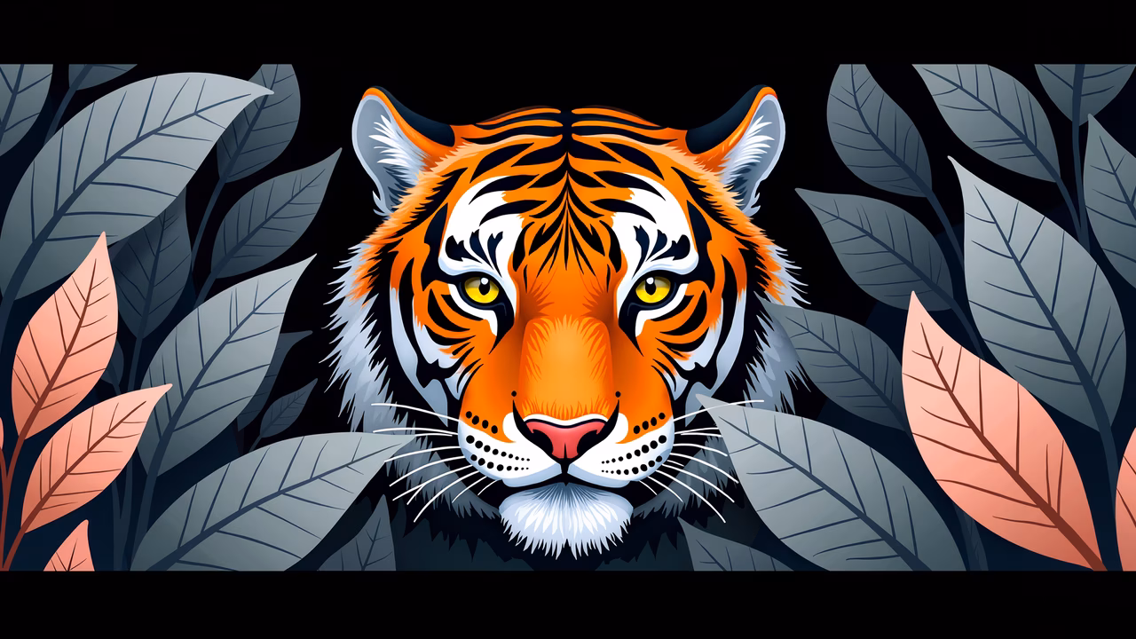 Vibrant tiger illustration with bold colors and dramatic lighting.