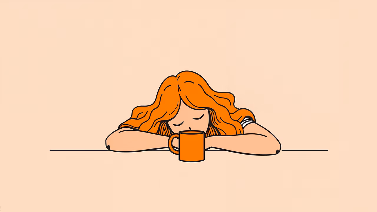 Simple illustration of a tired girl resting her head on a table with a mug, evoking a sense of calm and exhaustion.