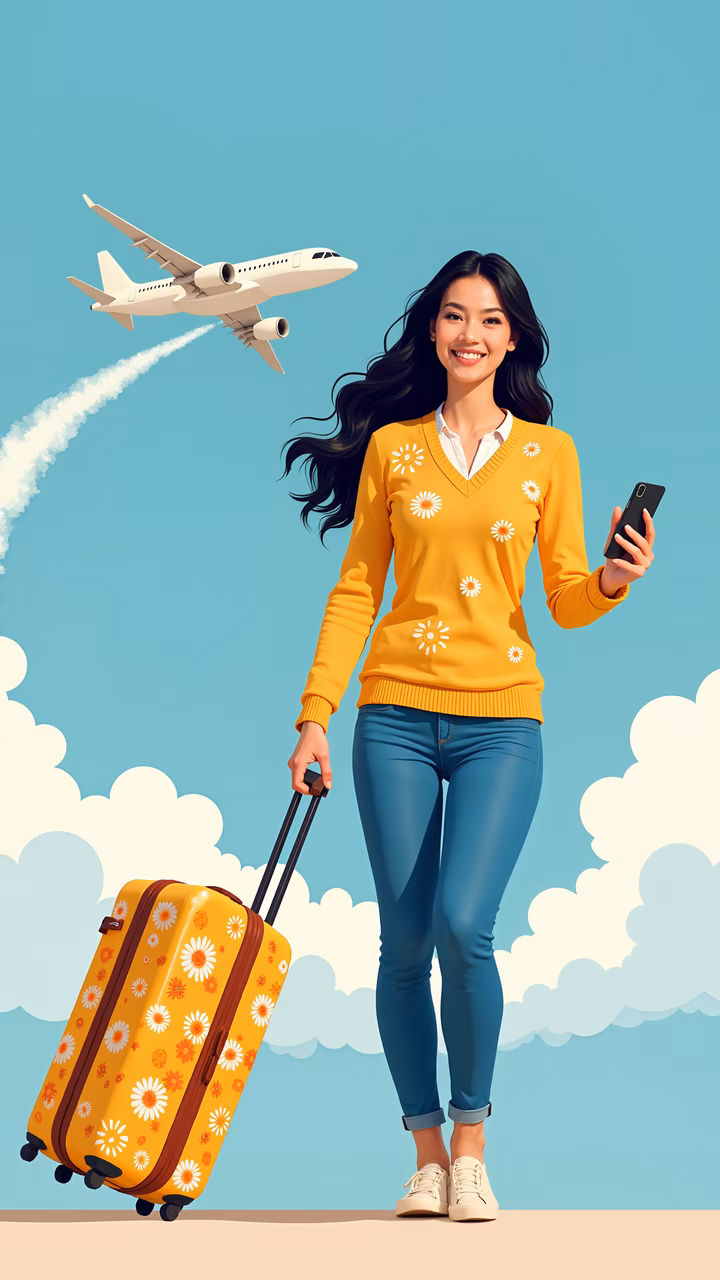 Cheerful traveler with floral suitcase and smartphone, set against a clear blue sky with an airplane overhead.