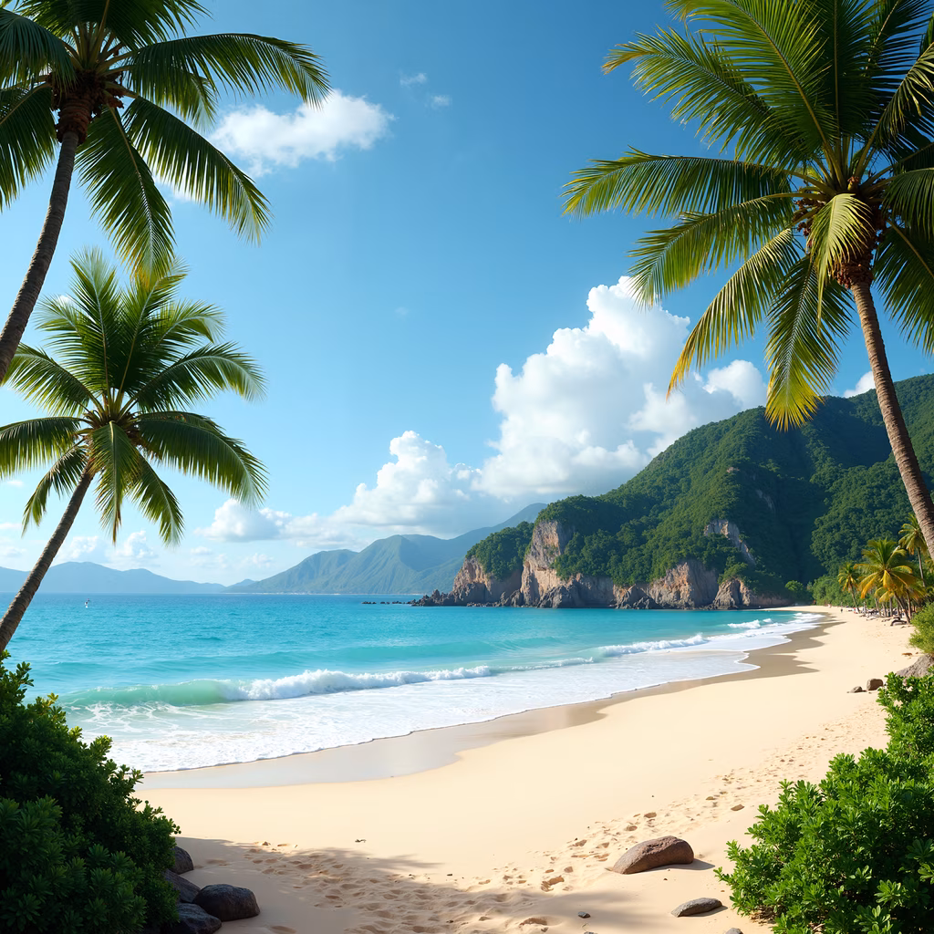 A picturesque tropical beach with palm trees and turquoise waters.