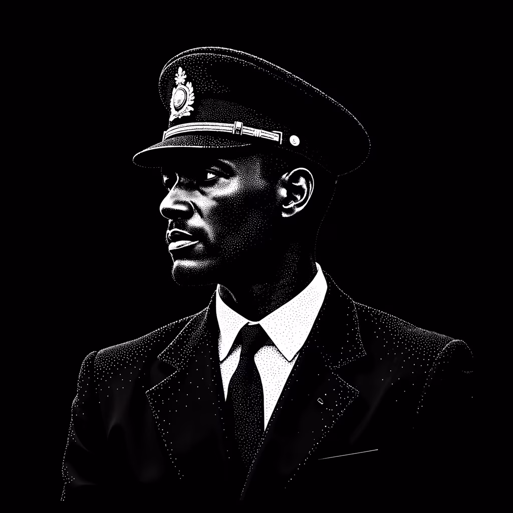 Monochrome portrait of a uniformed officer in formal attire, emphasizing authority and formality.