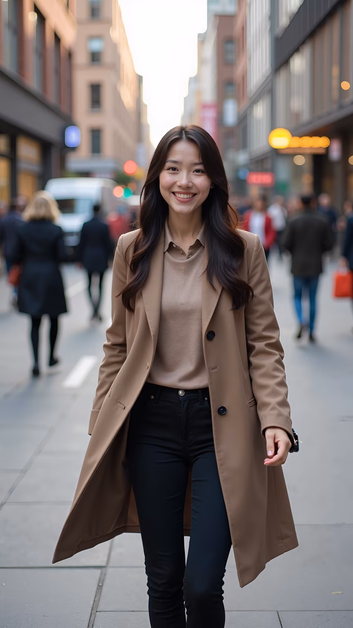 Confident woman in stylish beige coat on a vibrant city street.