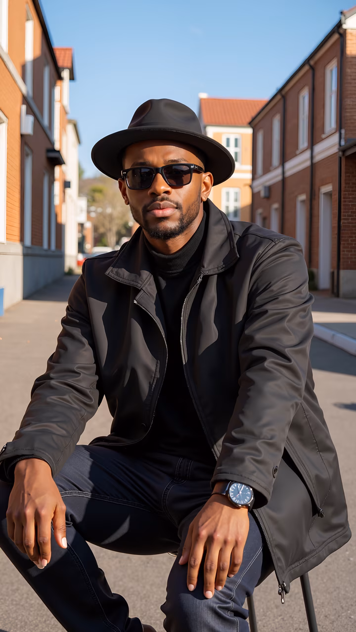 Urban chic fashion photography featuring a stylish individual in a black jacket and fedora.